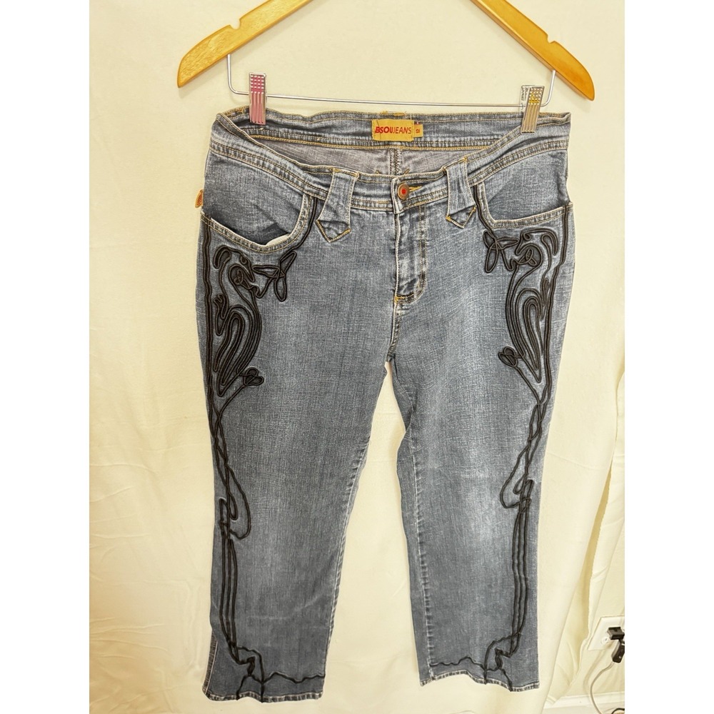 Bisou Women's Jeans Size 12 Black Embroidery Wide Leg 32" Inseam Y2K - Picture 3 of 6